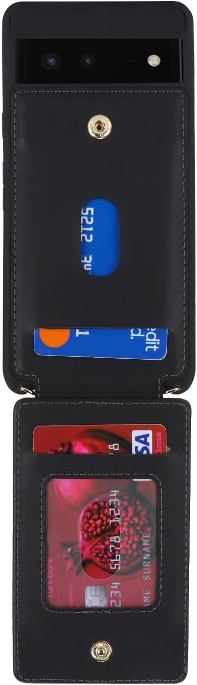 for Google Pixel 6 Case with Card Holder and Strap for Women,Crossbody Lanyard,Ring Stand,Snap Clasp,Phone Wallet Cases 6.4 inch(Black)......