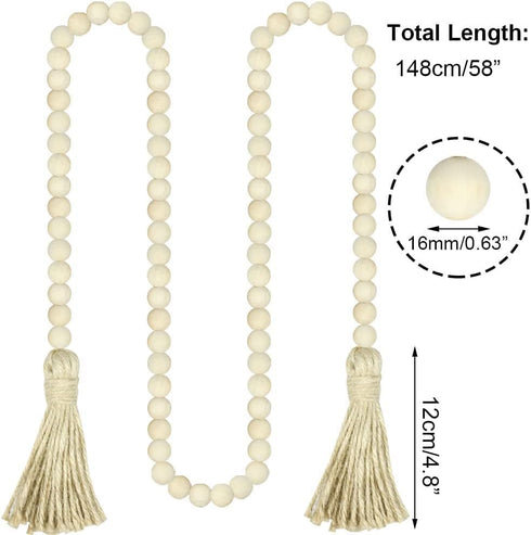 58in Farmhouse Beads Wood Bead Garland with Tassels, Rustic Farmhouse Decor for Farmhouse Tiered Tray Farmhouse Wall Decor (Natural Wood, 58in/1Pc...