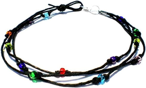 Black Anklet Hemp Three String Multicolor Glass Beaded Anklet - Handmade...