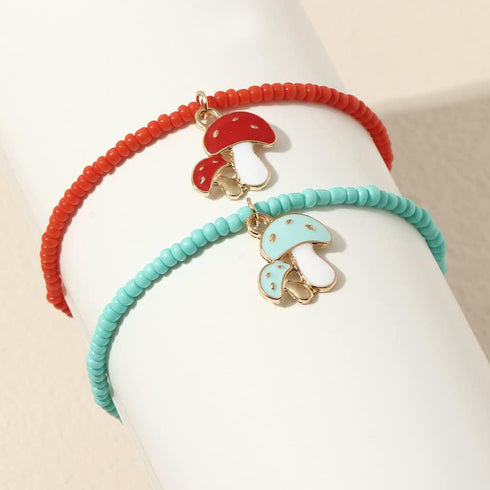 Lovely Mushroom Charm Beads Strand Bracelet Anklet Bohemian Cute Colorful Bead Crystal Stackable Elastic Bracelet Jewelry Set for Women...