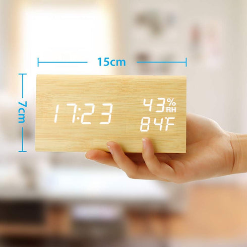 OCT17 Wooden Alarm Clock, Wood Alarm Clock Smart LED Digital Clock for Bedroom/desks, Upgraded with Time Temperature, Adjustable Brightness and Vo...