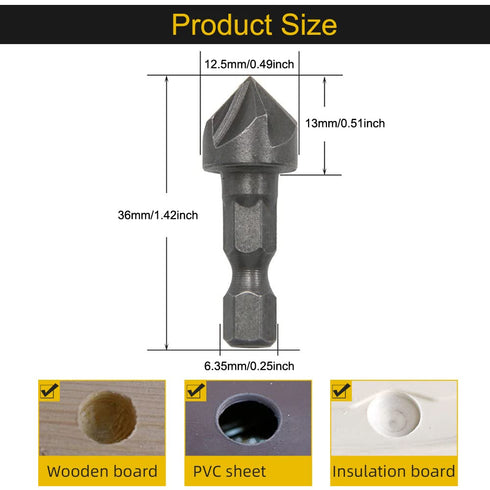 3 Pack Countersink Drill Bit Chamfer Bits 6 Flute for 6.35mm 1/4'' Hex Shank Burr Removal Holes Shaping Trimming Opener Tool Polish Knife Cutter W...