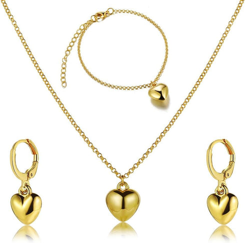 Gold Heart Earrings Bracelet Necklace Set for Women Girls Heart Dangle Drop Earrings Dainty Heart Pendant Choker Necklace Gold Plated Bangle Brace...