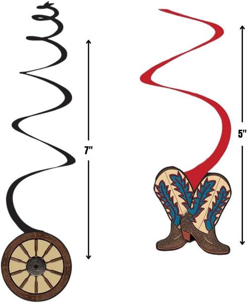 Western Party Hanging Swirl Decorations - 5" & 7" (Pack of 12) - Red & Blue Swirl W/Cowboy Cutouts - Perfect for Rustic, Rodeo & Wild West Themed ...