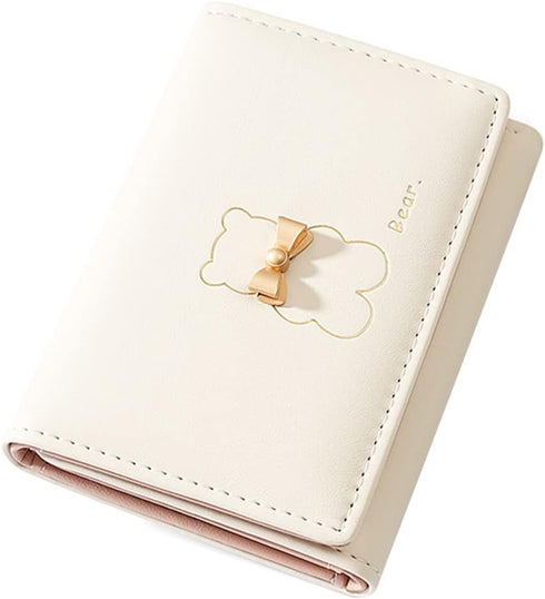 Small Wallets for Girls Cute Bear Print Wallet Small Tri-folded Wallet Cash Pocket Card Holder ID Window Purse for Women (Beige)...