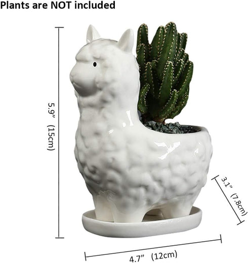 Lependor Cute Alpaca Succulent Planter Pot with Drainage Tray, White Ceramic Cactus/Flower Container, Animal Llama Bonsai Holder for Indoor Plants...