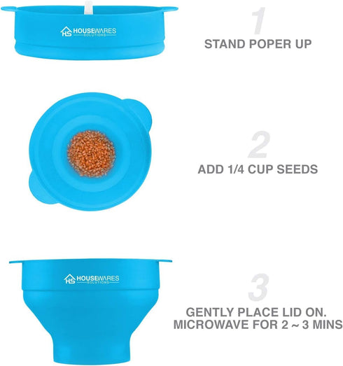 Collapsible Silicone Microwave Hot Air Popcorn Popper Bowl With Lid and Handles - Aqua...