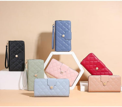 Women Wallet Long PU Leather with Zipper And Button Closure Card Slots Bracelet Coin Pouch (Red)...