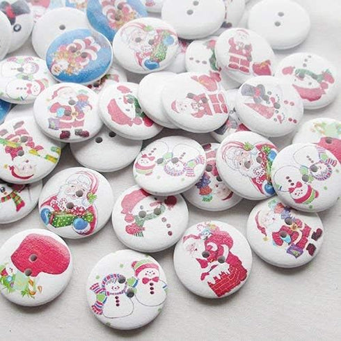 Chenkou Craft 50pcs Santa Claus Jinglebell Deer Merry Christmas Wood Buttons 1" (25mm) Sewing Mix Lots...