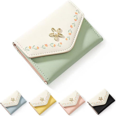 Girls Cute flowers Print Wallet, Small Tri-folded Aesthetic Wallet, PU Leather Purse Cash Pocket Card Holder ID Window Purse for Women(Green)...