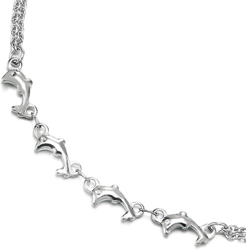 COOLSTEELANDBEYOND Two-Row Stainless Steel Link Chain Anklet Bracelet with Charms of Dolphins and Jingle Bell Adjustable...