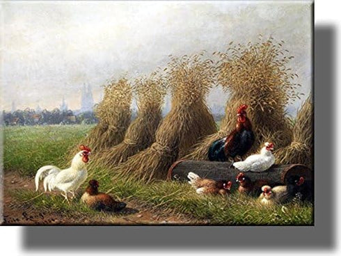 Chicken Beside Hay Picture on Stretched Canvas Wall Art Décor, Ready to Hang!...