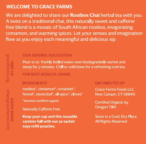 Grace Farms ROOIBOS CHAI Herbal Tea (16 Pyramid Sachets) | Healthy and Caffeine Free | Organic, Fair Trade and Kosher Certified | Gives Back 100% ...