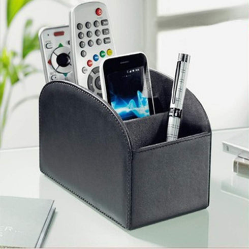 Remote Control Holder Organizer Table Desk Leather Control Storage TV Remote Control Organizer with 4 Spacious Compartments (Black 1)...