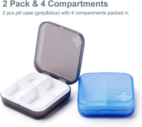 2 Pack Portable Travel Pill Organizer Case for Pocket or Purse Cute Small Daily Pill Box BPA Free Plastic Medicine Vitamin Holder Container (4 Com...