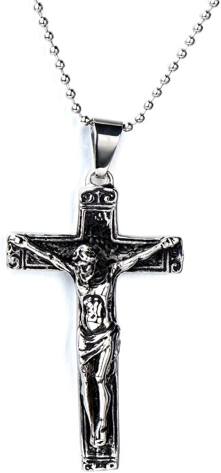 COOLSTEELANDBEYOND Stainless Steel Gothic Crucifix Cross Necklace Pendant Necklace with 30 Inches Steel Ball Chain...
