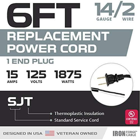 Iron Forge Cable 14 AWG Replacement Power Cord with Open End - 6 Ft Black Extension Cable, 2 Wire 14/2 SJT...