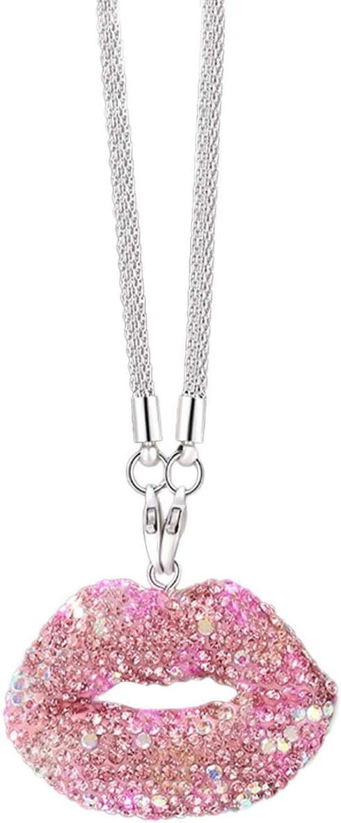 Bling Pink Lip Diamond Car Accessories for Women, Crystal Car Rear View Mirror Charms Car Decor Valentine's Day Gifts Lucky Hanging Interior Ornam...