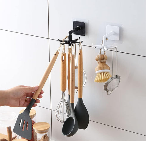 Kitchen Utensil Hanger with 6 Hooks, Under Cabinet Utensil Holder Hanger Hook for Kitchen and Bathroom, 360° Rotatable Space Saving No Drilling Na...