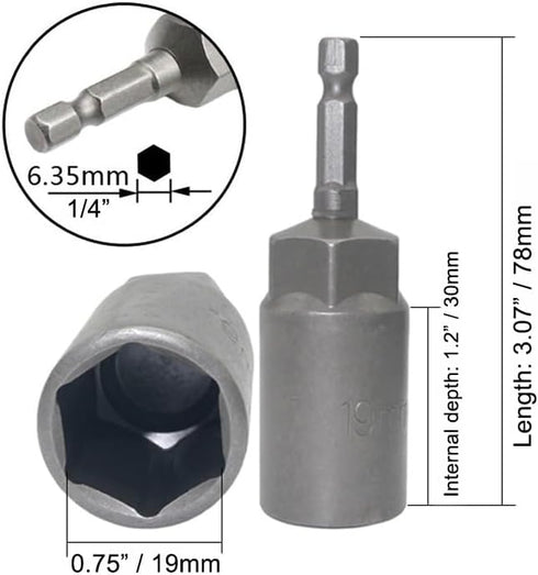 1/4 inch Drive Socket Wrench with Hexagonal Shank Deepened Electric Wrench Adapter Nut Drill Tool 2-pcs (19mm)...
