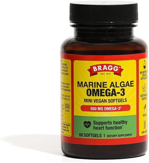 Bragg Vegan Omega 3 Supplement – Sustainably Sourced Marine Algae – Helps Support Brain, Eye & Heart Health - includes EPA & DHA Fatty Acids – Non...