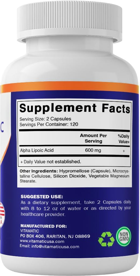 Vitamatic Alpha Lipoic Acid (ALA) 600mg Per Serving - 240 Vegetable Capsules - 120 Servings - Non-GMO & Gluten Free...