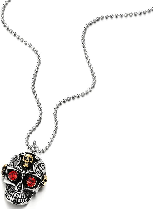 COOLSTEELANDBEYOND Vintage Steel Silver Gold Sugar Skull Pendant Necklace Mens with Red Cubic Zirconia, 23.6 in Chain...