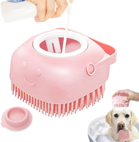 Dropshipping Soft Safe Silicone Pet Bathroom Massage Cleaning Grooming Tools Dog Cat Bath Brush with Shampoo Box (Pink), Small...