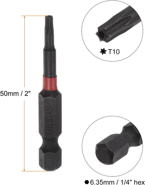 2pcs T10 Impact Rated Torx Bit 1/4" Hex Shank 2" Length Magnetic Security Star Screwdriver Power Tool...