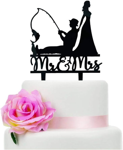 Fishing Wedding Cake Topper, Funny Bride and Groom Cake Decoration, Fishing Theme Wedding/Engagement/Bridal Shower/Anniversary Cake Decoration...