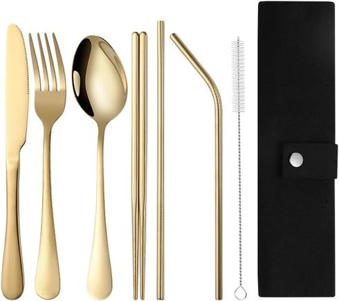 Gold Silverware Set - Portable Stainless Steel Utensils Set with Case Reusable Flatware Set For Camping Travel 7Pcs Include Chopsticks Knife Fork ...