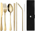 Gold Silverware Set - Portable Stainless Steel Utensils Set with Case Reusable Flatware Set For Camping Travel 7Pcs Include Chopsticks Knife Fork ...