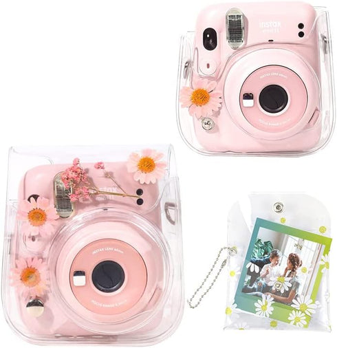 Case for Fujifilm Mini 12/11/9/8 Instant Camera Protective Bag with Transparent Shoulder Strap (Real Flower - Pink)(No Camera)...