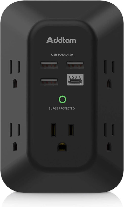 USB Wall Charger Surge Protector - Addtam 5 Outlet Extender with 4 USB Charging Ports (1 USB C), 3-Sided 1800J Power Strip Multi Plug Outlets Adap...