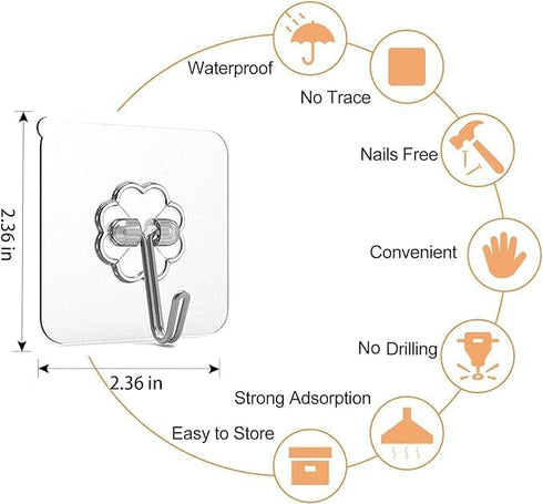 Adhesive Hooks for Hanging Heavy Duty Wall Hooks, Self Adhesive, Towel Coat Hooks, Waterproof Transparent Hooks for Bathroom Shower, Kitchen, Keys...