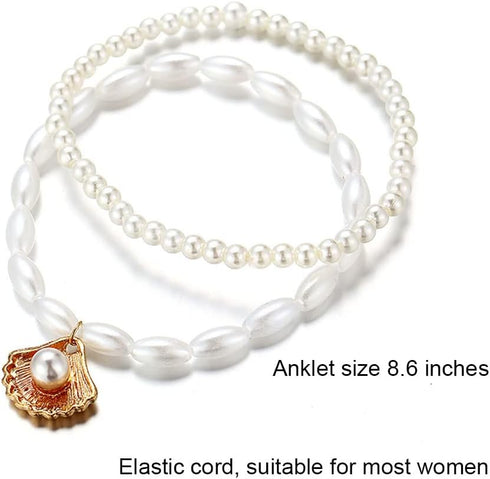 Boho Pearl Anklets Bracelets Beaded Layered Ankles Bracelets Shell Pendant Foot Chain Jewelry for Women...
