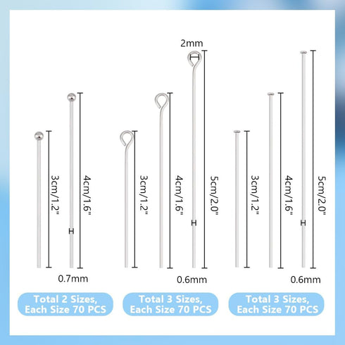 PH PandaHall 560pcs 8 Styles 304 Stainless Steel Eye Pins 30mm 40mm 50mm Head Pins 22 Gauge Ball Head Pin Findings Open Eye Pin for Earring Bracel...