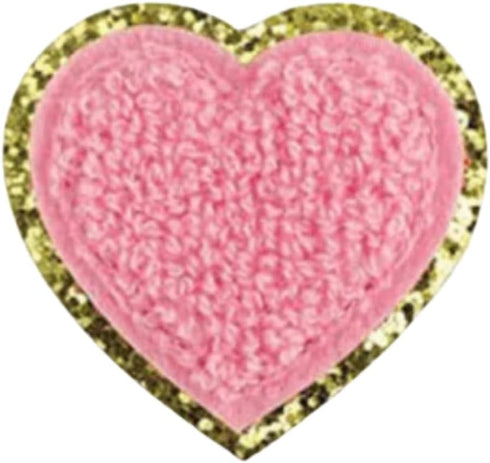 Shelzy’s Designs Towel Embroidered Heart Patches - 3pc Glitter Chenille Sticker or Glue on Appliques,Triple-Pack in Pink or White with Elegant Gol...