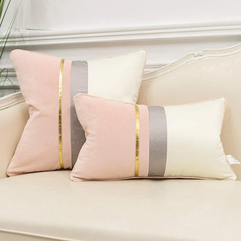 Avigers 12 x 20 Inches Pink White Gold Leather Striped Patchwork Velvet Cushion Case Luxury Modern Throw Pillow Cover Decorative Pillow for Couch ...