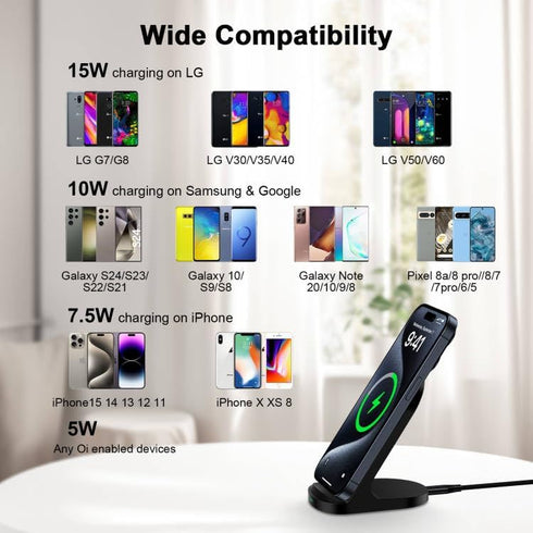 15W Fast Android Phone Wireless Charger for Google Pixel 8a/8 Pro/8/7 Pro/7/6,iPhone 15/14/13/12/XR/SE,LG;Samsung Wireless Charger Station (Stand)...