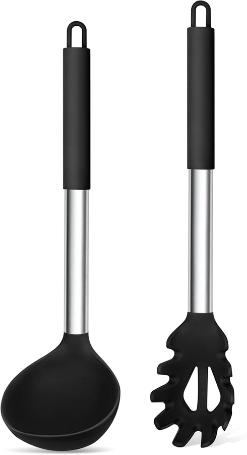 TeamFar Silicone Pasta Fork and Ladle Spoon Set, 2 Pcs Large Nonstick Kitchen Utensils with Stainless Steel Handle for Cooking, Draining, Serving ...