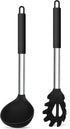 TeamFar Silicone Pasta Fork and Ladle Spoon Set, 2 Pcs Large Nonstick Kitchen Utensils with Stainless Steel Handle for Cooking, Draining, Serving ...