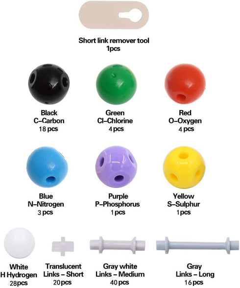 136 Pieces Organic Chemistry Model Kit, Chemistry Molecular Model Kit Set for Student or Teacher - 59 Atoms & 76 Bonds & 1 Short Link Remover Tool...