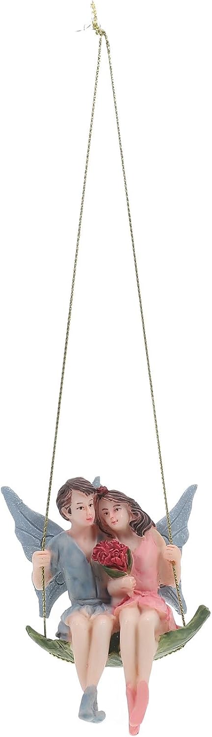 GANAZONO Couples Garden Flower Fairy Statue Garden Fairy Figurine Fairy Girl and Boy Sitting on Swing Sculpture for Garden Hanging Decor Ornament...