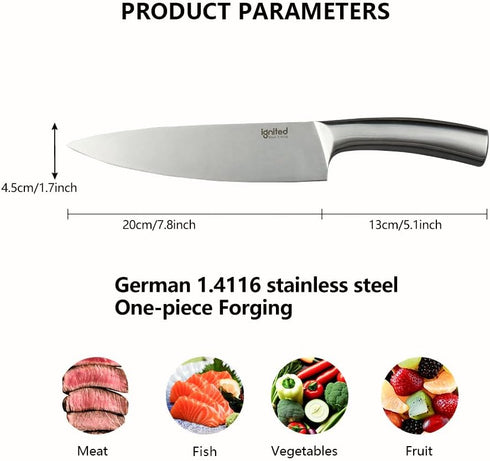 8 inch Chef Knife, One-piece Full Metal Kitchen Knife, German 1.4116 High Carbon Stainless Steel Chef's Knife, Ultra Sharp Cooking Knife with Gift...
