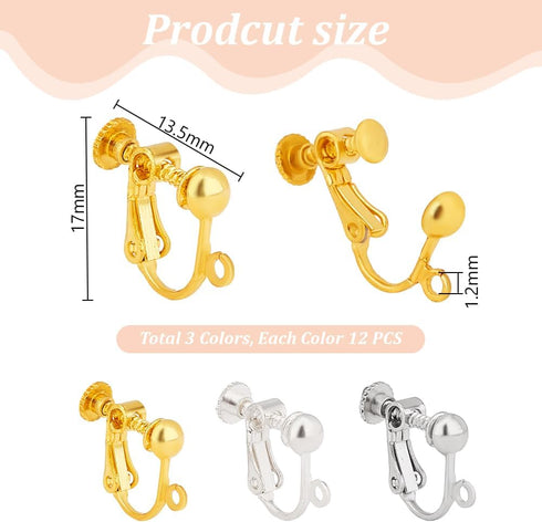 PH PandaHall 36 Pcs Brass Screw Back Clip-on Earring Component 17x13.5x5mm for Non-Pierced Ears 3 Colors...