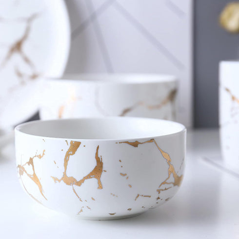 Ceramic Cereal Bowl Marble Soup Bowl 17 OZ Ceramic Rice Bowl Luxury Gold Inlay Dessert Bowl Microwave and Dishwasher Safe for Oatmeal Snack (White...