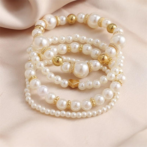 COLORFUL BLING Layered Pearl Stretch Bracelets Set for Women Daisy Flower Heart Star Simulated Pearl Stackable Elastic Bracelets Chunky Beaded Bal...