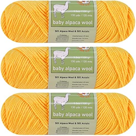 Baby Alpaca Wool Blend Yarn Worsted Weight 3 skeins (100g/each) Art Crafts Crochet and Knitting Sunny Cat Premium Brand (04 Cream Yellow)......