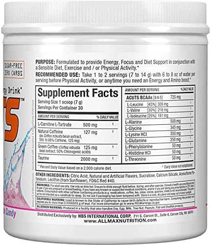 ALLMAX Nutrition AMINOCUTS (ACUTS), Amino-Charged Energy Drink with Taurine, L-Carnitine, Green Coffee Bean Extract, Cotton Candy, 30 Servings...